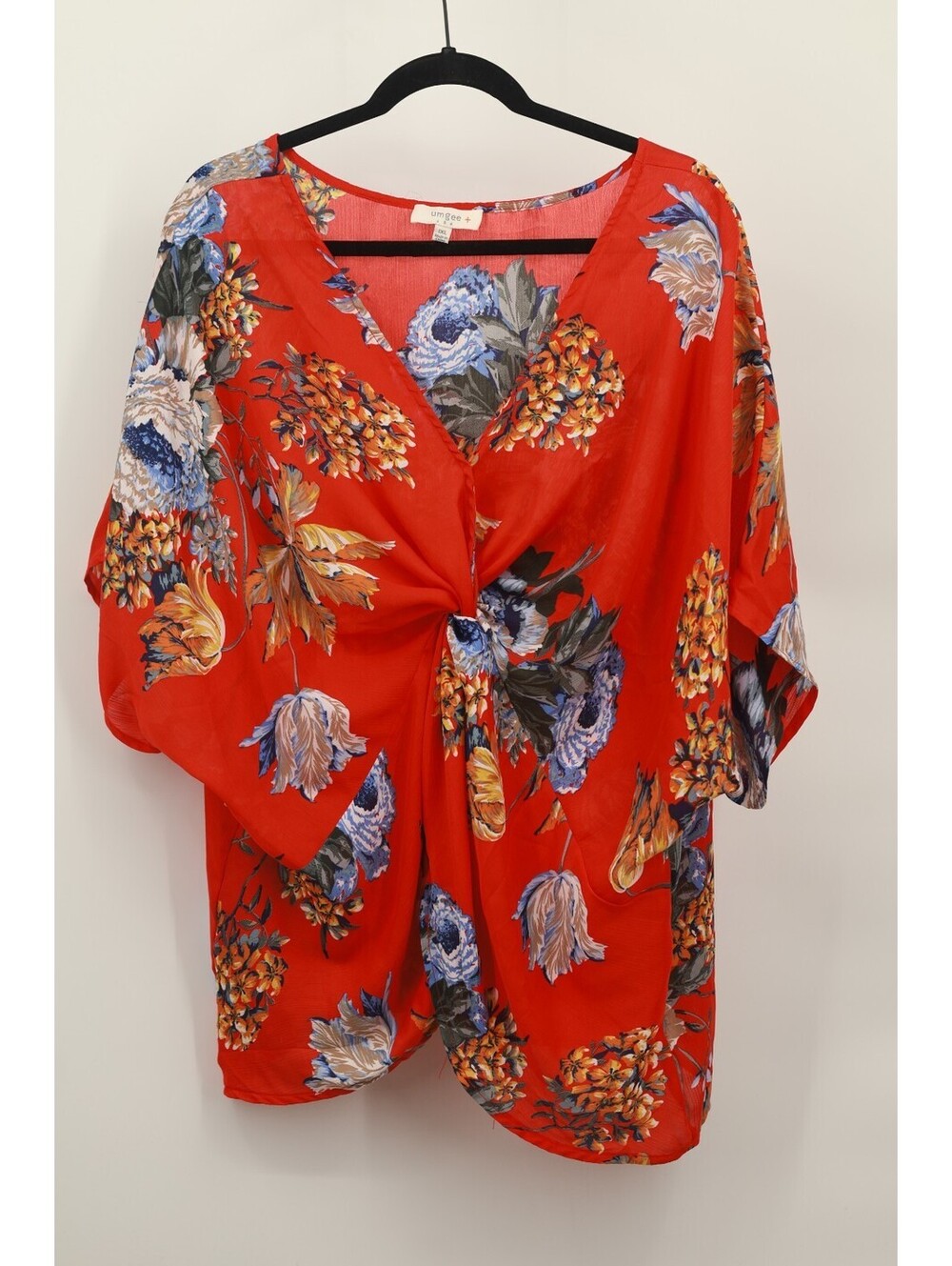 Umgee Womens Plus Size 1XL Red Floral Twist Front Blouse Boho Short Sleeve Top